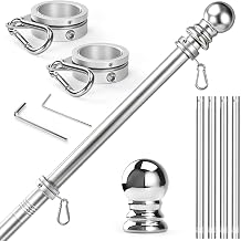 Anovo Flag Pole for Outside House - Stainless Steel 5 FT Flag Poles Kit with1 Inch Metal 360° Rotating Rustproof Flag Pole Rings for Outside House Porch 3x5 Flag Without Holder (5 FT-Sliver)