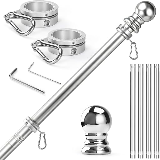 Anovo Flag Pole for Outside House - Stainless Steel 5 FT Flag Poles Kit with1 Inch Metal 360° Rotating Rustproof Flag Pole Rings for Outside House Porch 3x5 Flag Without Holder (5 FT-Sliver)
