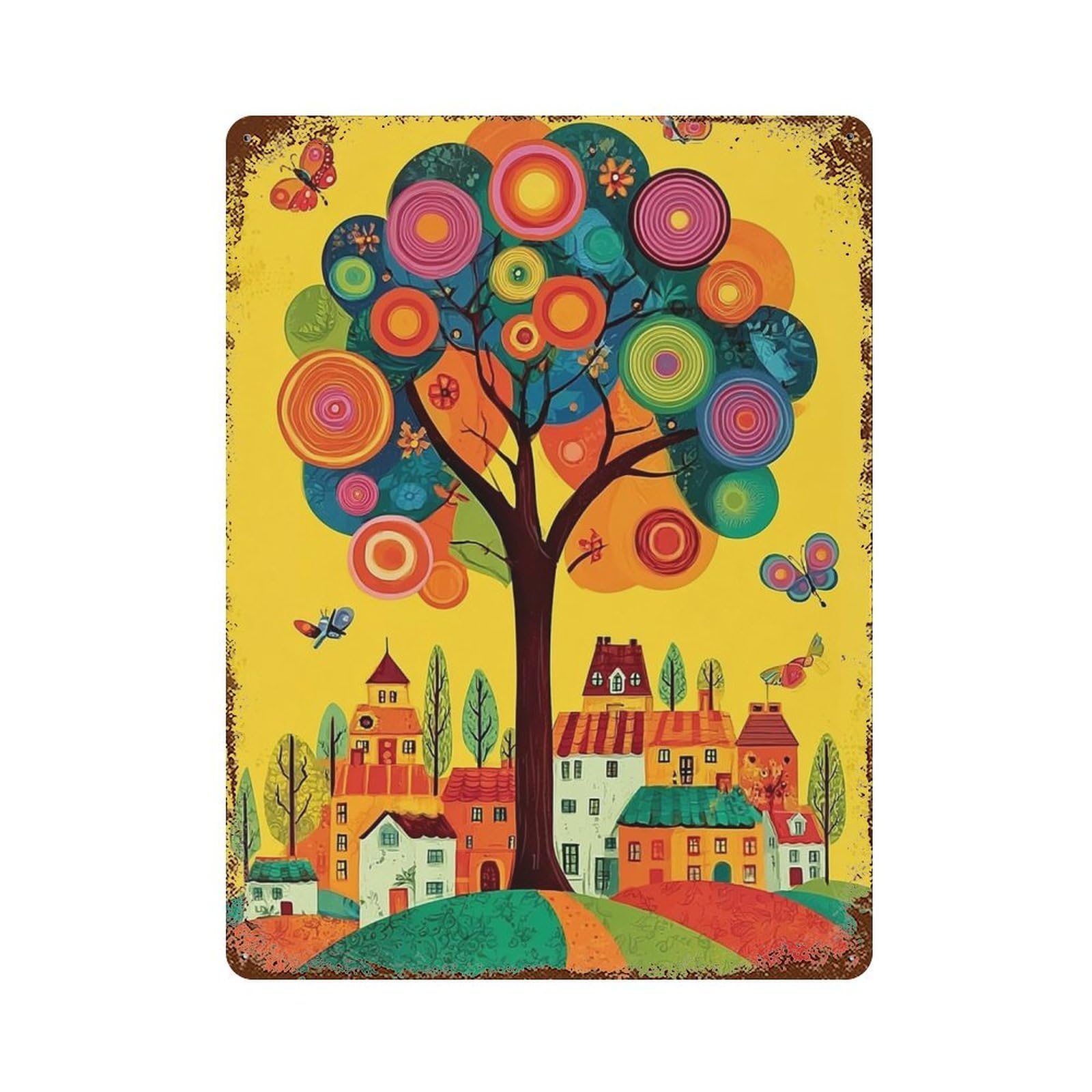 Colorful Whimsical Tree Art Print Decorative Tin Sign 15.7"x11.8", Vintage Wall Decor for Basement, Hobby Room And Garage Decor