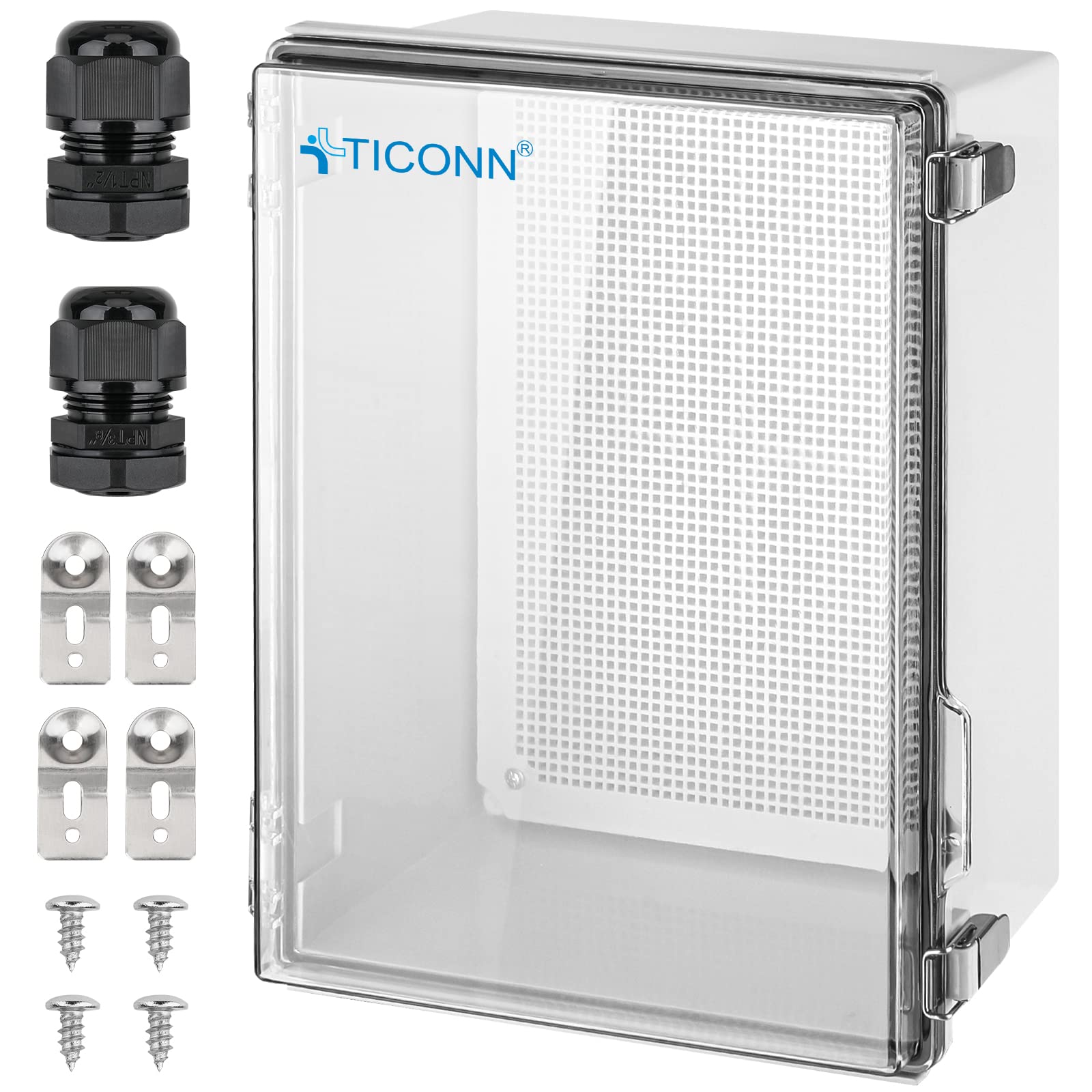 TICONN Waterproof Electrical Junction Box IP67 ABS Plastic Enclosure with Hinged Cover with Mounting Plate, Wall Brackets, Cable Glands (Clear, 13.8"x9.8"x5.9")