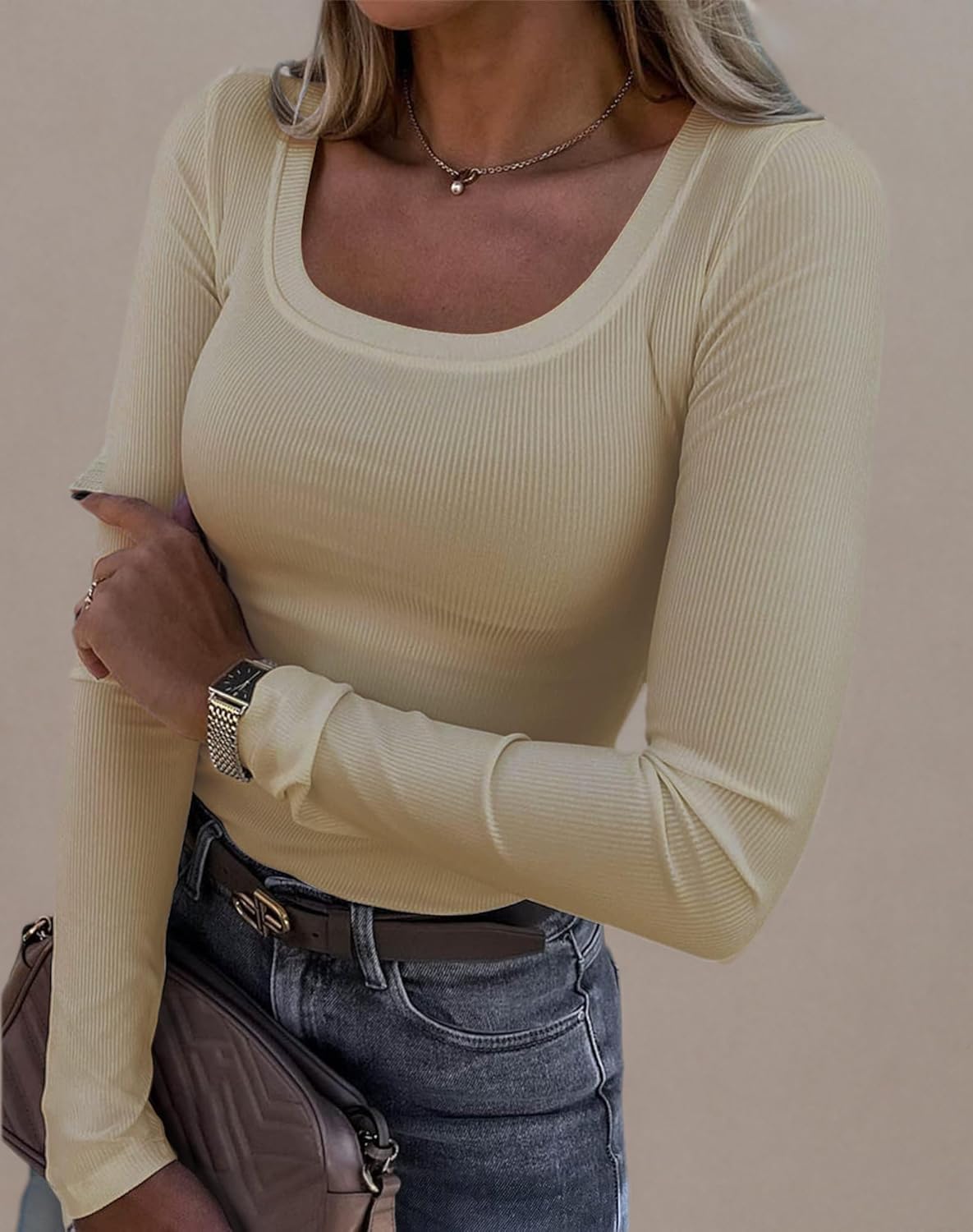 Roselux Womens Long Sleeve Scoop Neck Ribbed Knit Fitted Casual Tops Tee Slim Basic Shirts - Image 7