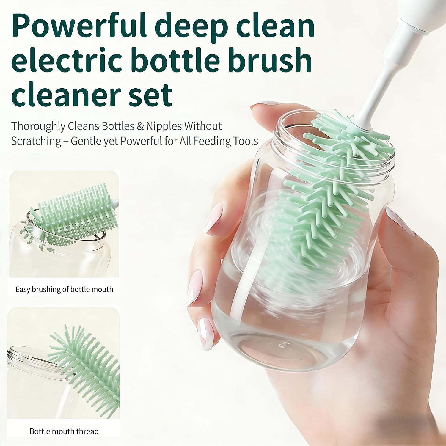 Portable Electric Silicone Bottle Brush Set, 7-in-1 UV Light USB Charging, Nipple/Straw Cleaner, Milk Mixer, Built-in Drying Rack & Storage Case, BPA-Free, IPX7, On-the-Go for New Parents (Mint)