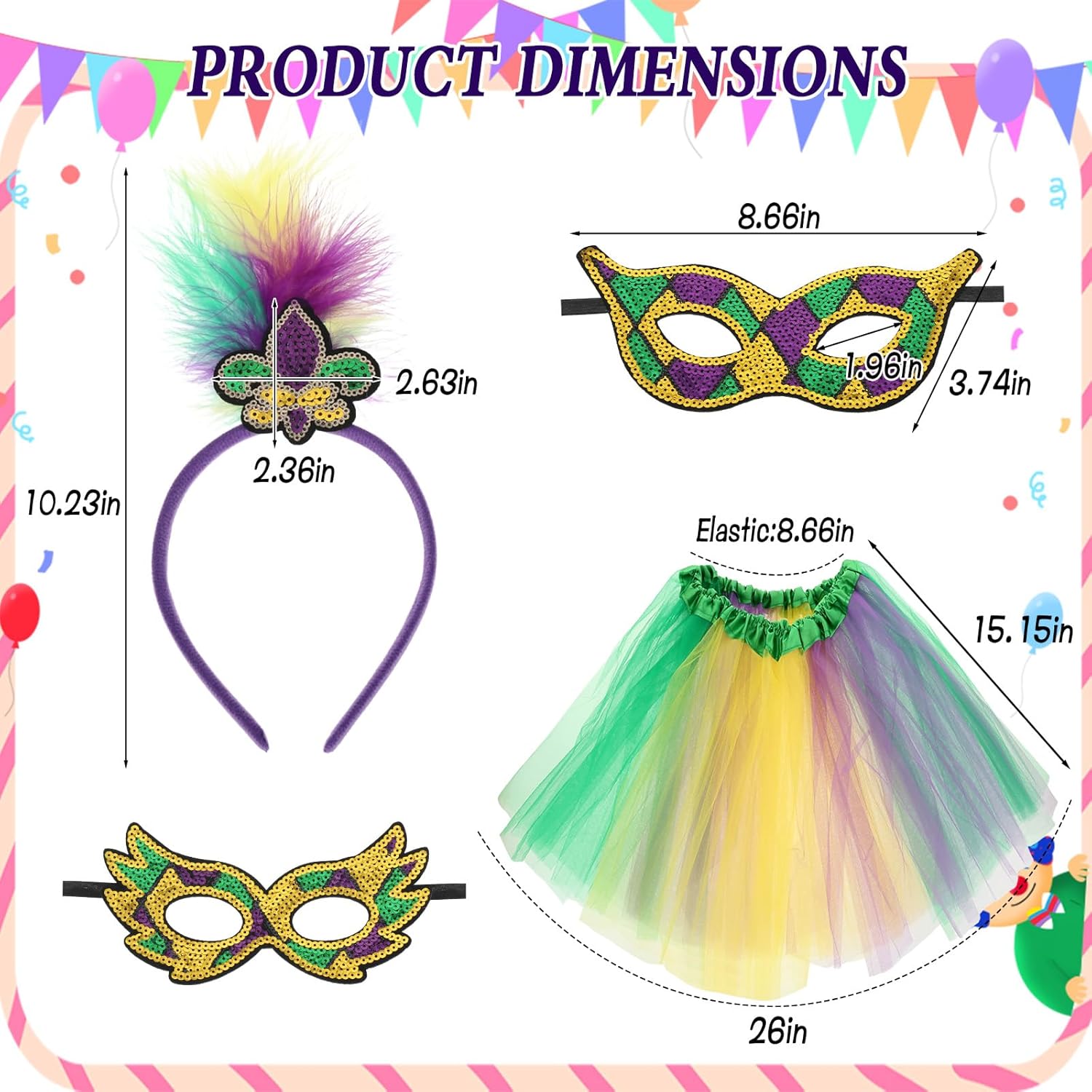 6 Pcs Mardi Gras Outfit for Women 2 Sets - Mardi Gras Accessories Include 2 Tutu Skirts, 2 Feather Headbands, 2 Sequin Masquerade Masks - Green Purple Yellow Fat Tuesday Costumes for Parade - Image 2