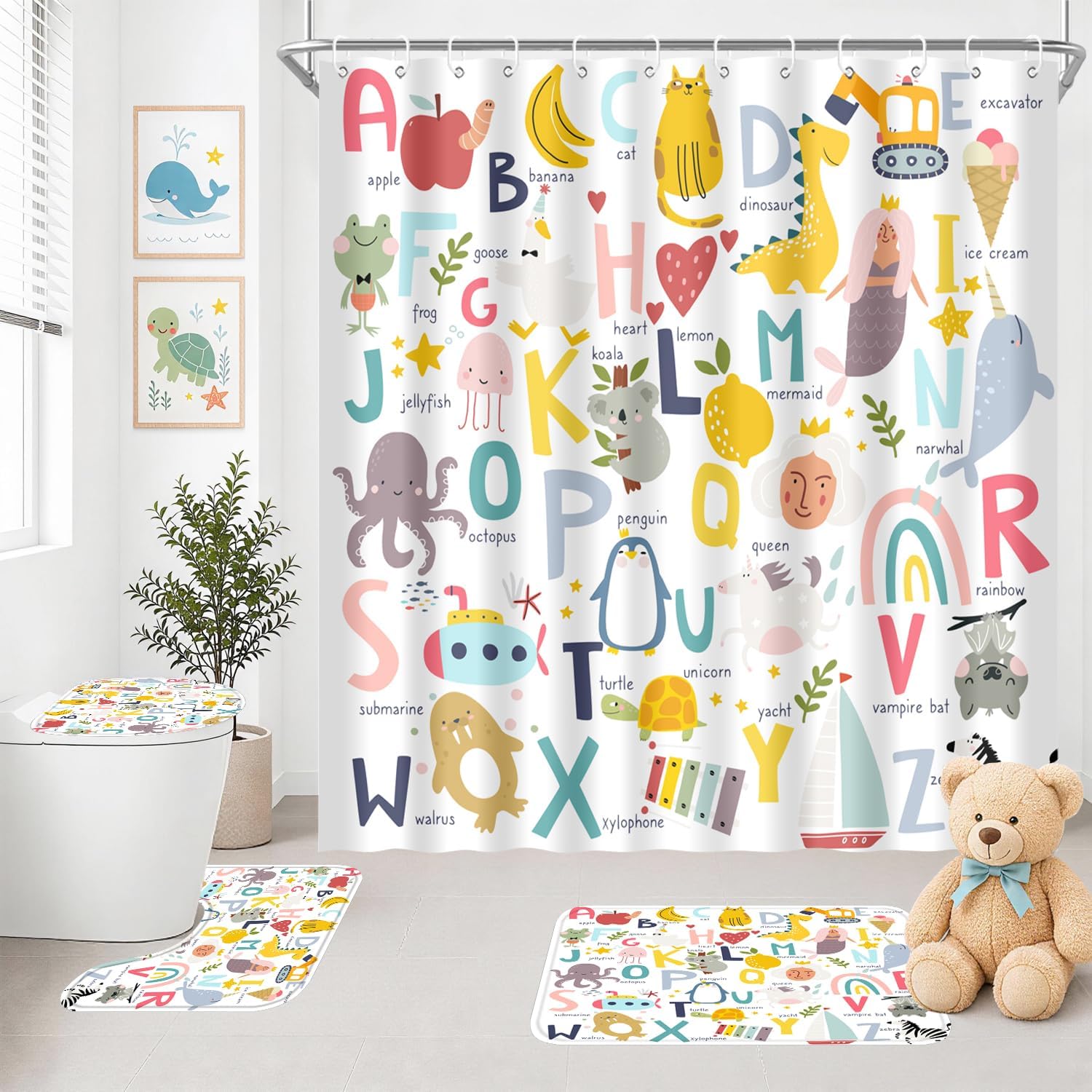 4Pcs Kids ABC Shower Curtain Set with Rugs,Toilet Lid Cover and Bath Mat,Alphabet Educational Learning Tool Toddler Baby Cartoon Waterproof Fabric with Hooks