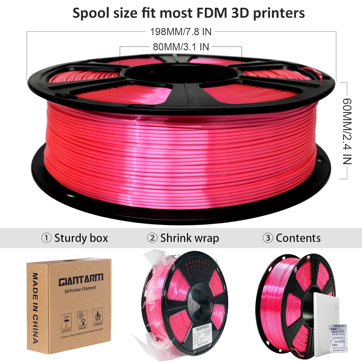GIANTARM 3D Printer PLA Filament, Shiny Silk Rose Pink Magenta Toughness Enhanced Filament with 1.75mm Dimensional Accuracy +/-0.03mm, 1080 Feet per Roll, Vacuum Packaging, for Most 3D FDM Printer - 6