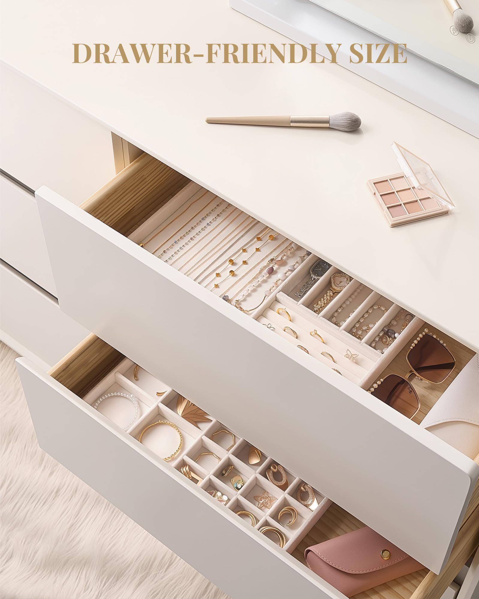 Lolalet Insertos para Cajón de Joyas, Bandejas Apilables de Terciopelo, Juego de Organizadores y Expositores para Collares, Pulseras, Aretes, Anillos, Cadenas, Brazaletes, Relojes - Beige, Juego de 2 — view 2