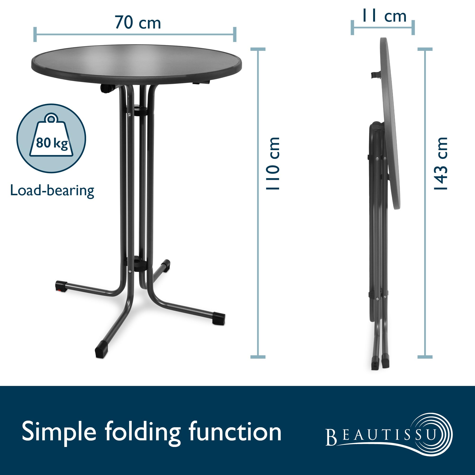 Beautissu Mesa Alta Plegable Negra Ø70cm Bellini – Robusta Mesa Bistró para Exteriores, Resistente a Intemperie, Pie Ajustable en Altura, Fácil Montaje con Soporte Premontado – Mesa Redonda