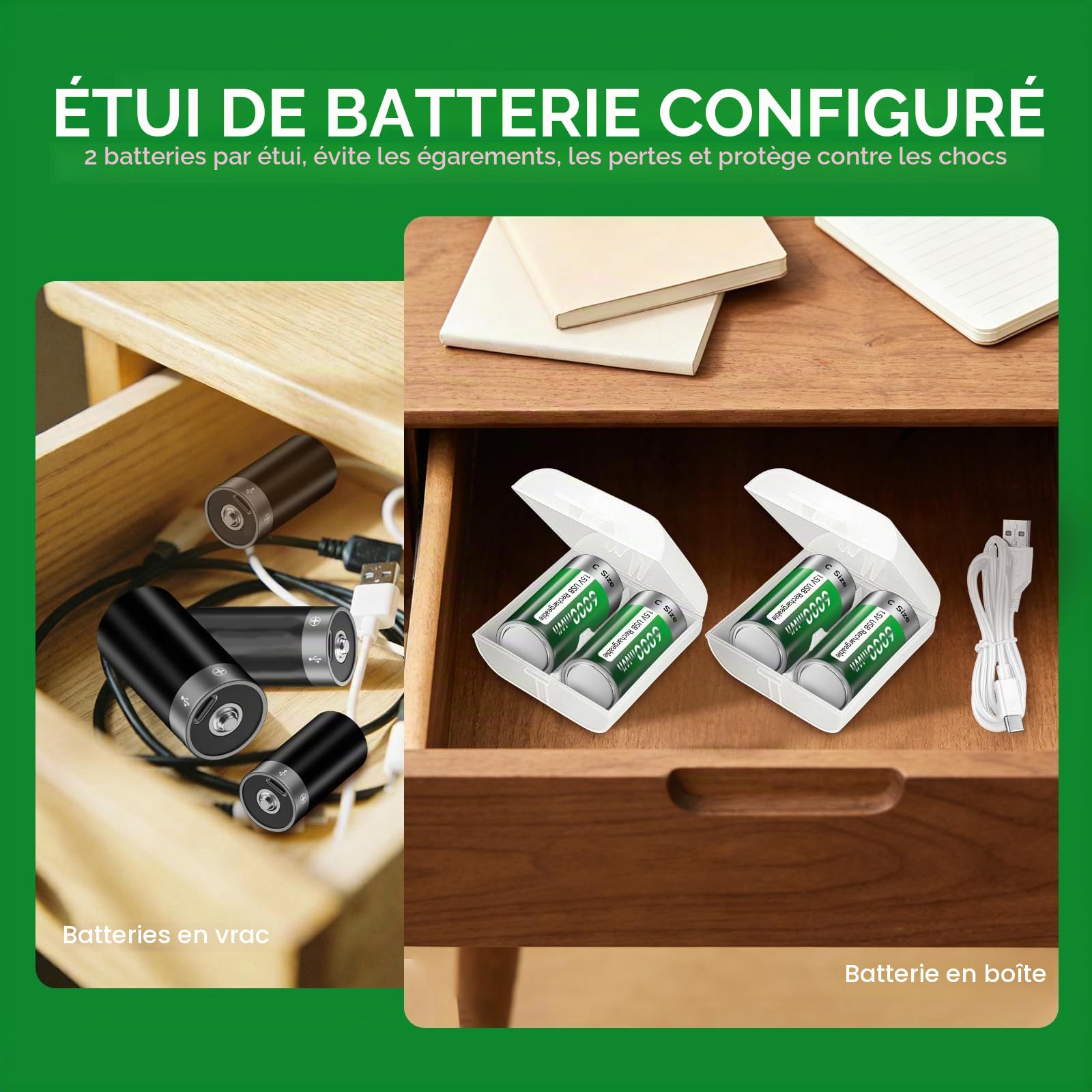 Lot de 6 batteries rechargeables Baby C USB 6000 mWh - 1,5 V/lithium - Batterie C haute capacité avec câble de charge de type C - 3 heures de charge rapide