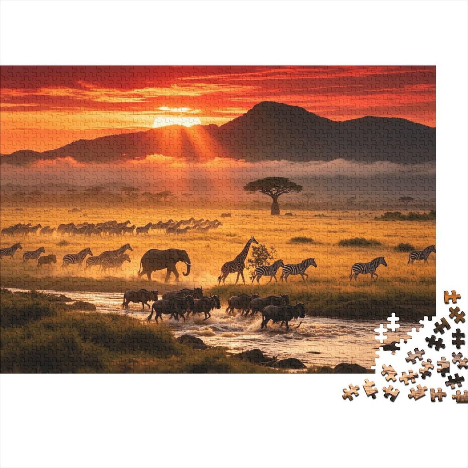 Safari Animals Jigsaw Puzzles 1000 Piece Recyclable African Savanna Puzzle for Elderly Educational Game Decompression Ideal for Holiday Blessings Gift 38x26cm/1000pcs