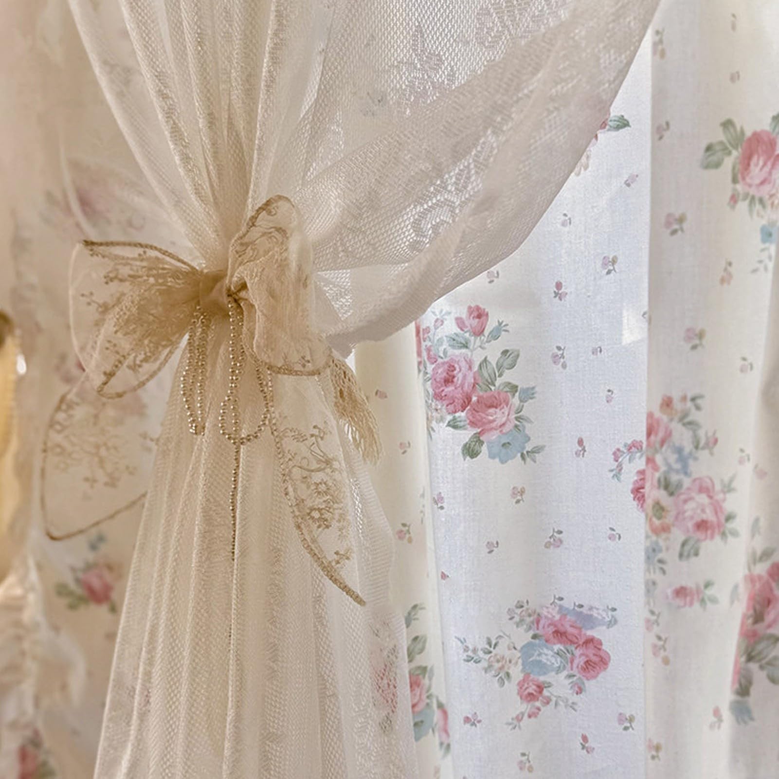 Tenda Semitrasparente Stampa Floreale Vintage con Bordi Arricciati