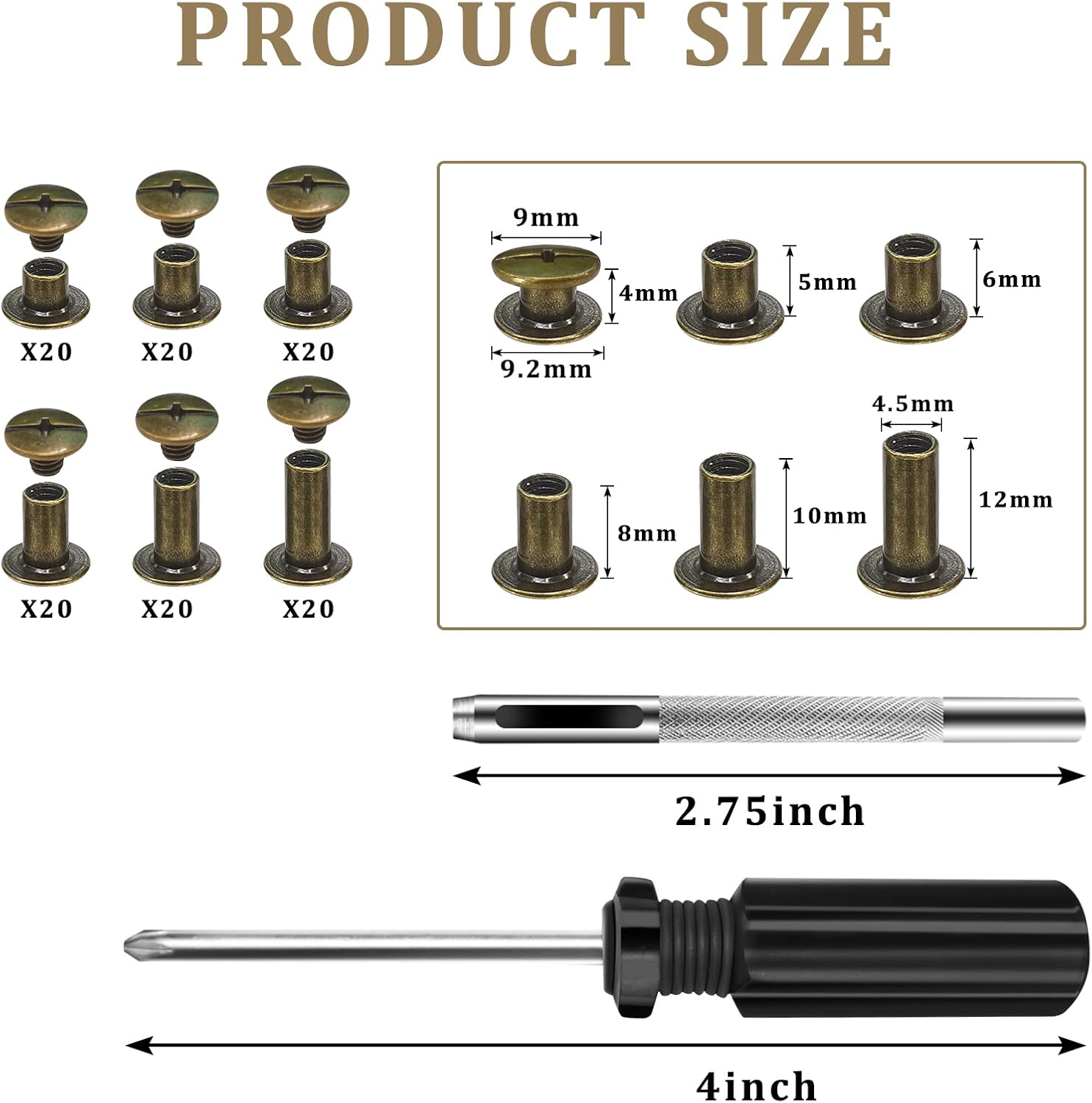 MIGSONDE 120 Sets Chicago Screws Assorted Kit, M5 Binding Screws Assembly Bolt Nail Rivet Button DIY Leather Decoration Book Binding Craft Round Flat Head Stud Screw (4/5/6/8/10/12MM X 20 Pcs) Black : Arts, Crafts & Sewing