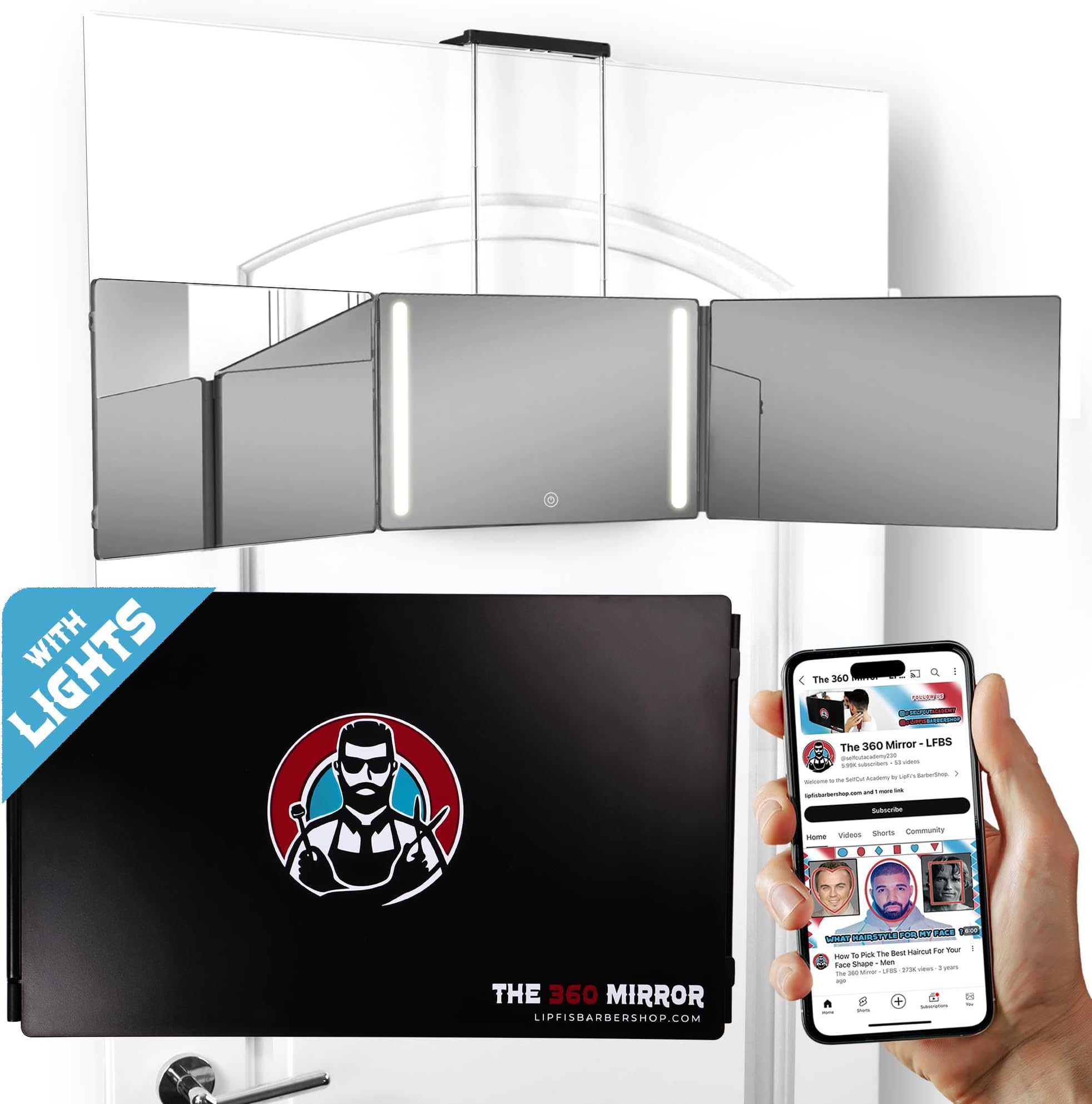 LIPFISBARBERSHOP.COM The 360 LED Mirror - Travel Version with Adjustable Telescoping Hooks – 3-Way Compact Mirror for Men’s Self Haircuts and Grooming