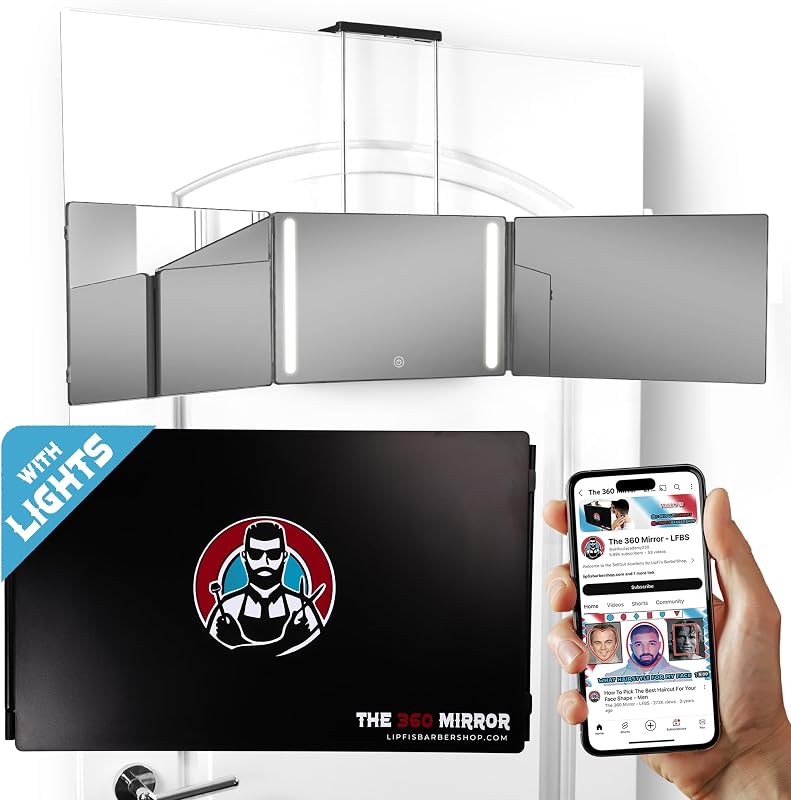 Espelho triplo retangular com LED e ganchos para porta, LIPFISBARBERSHOP.COM