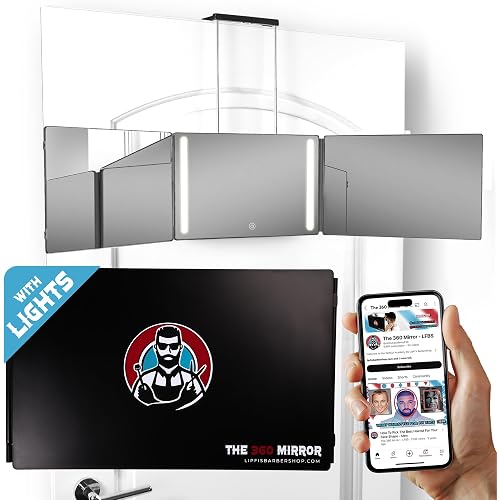 The 360 Mirror - 3 Way Mirror for Self Hair Cutting - Adjustable Trifold Barber Mirro to Cut Your Own Hair - Tri Fold Self Haircut System for Men - Three Sided Mirro for Haircuts (With LED)