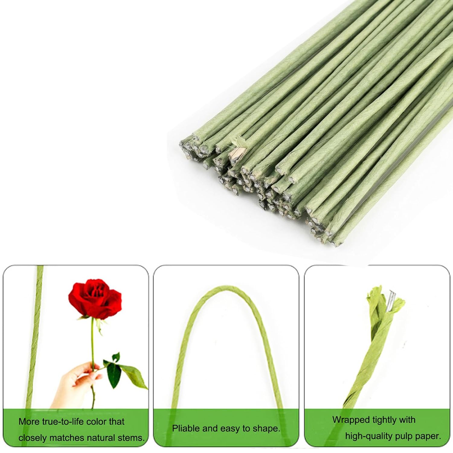 50Pcs 2 Gauge Paper Flower Stems 16" Green Wire for DIY Crafts | 2 Gauge Paper Flower Stems