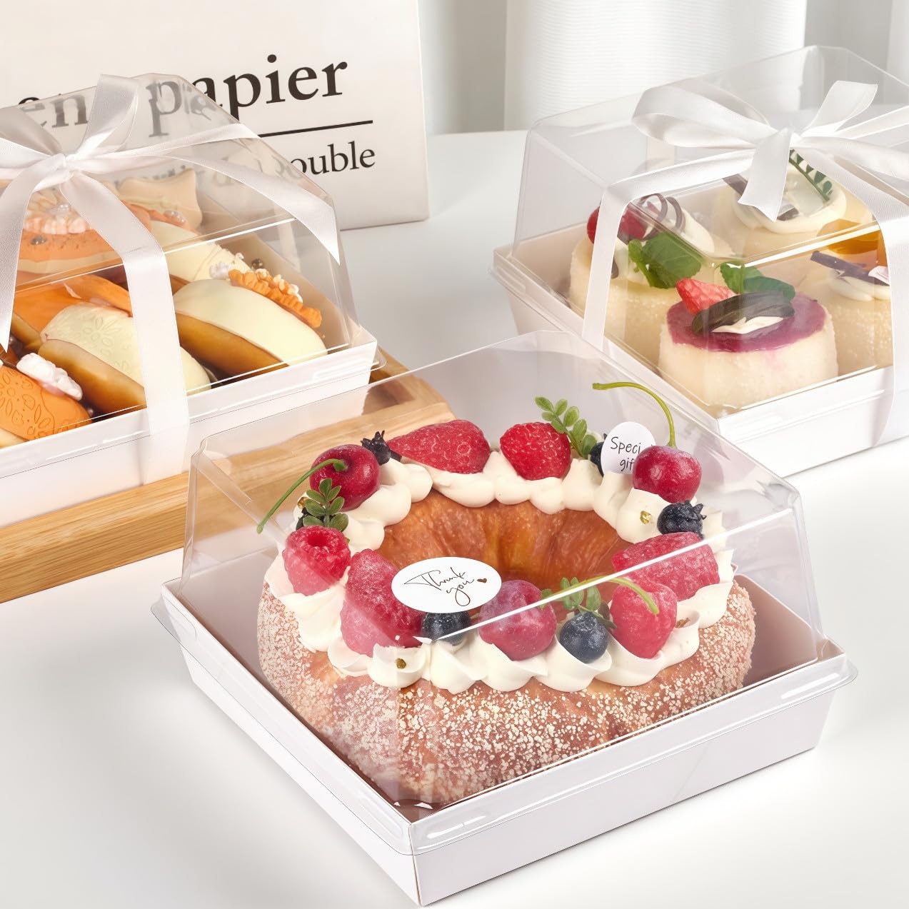 Ocmoiy Cajas para tartas con tapas transparentes de 7 x 7 x 4 pulgadas, cajas de embutidos desechables, cajas de panadería con ventana, recipientes de alimentos para llevar, para pasteles, cupcakes,