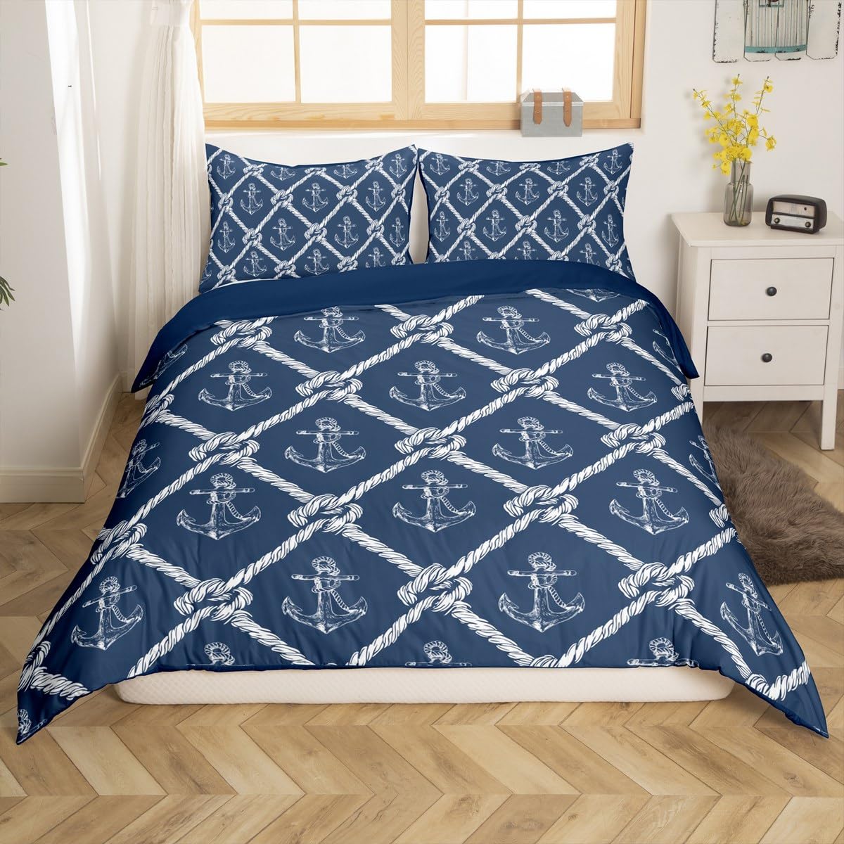 Nautical Anchor Duvet Cover Set King Size,Vintage Rope Diamond Reversible Comforter Cover with 2 Pillowcases,White Rhombus Blue Ocean Theme Microfiber