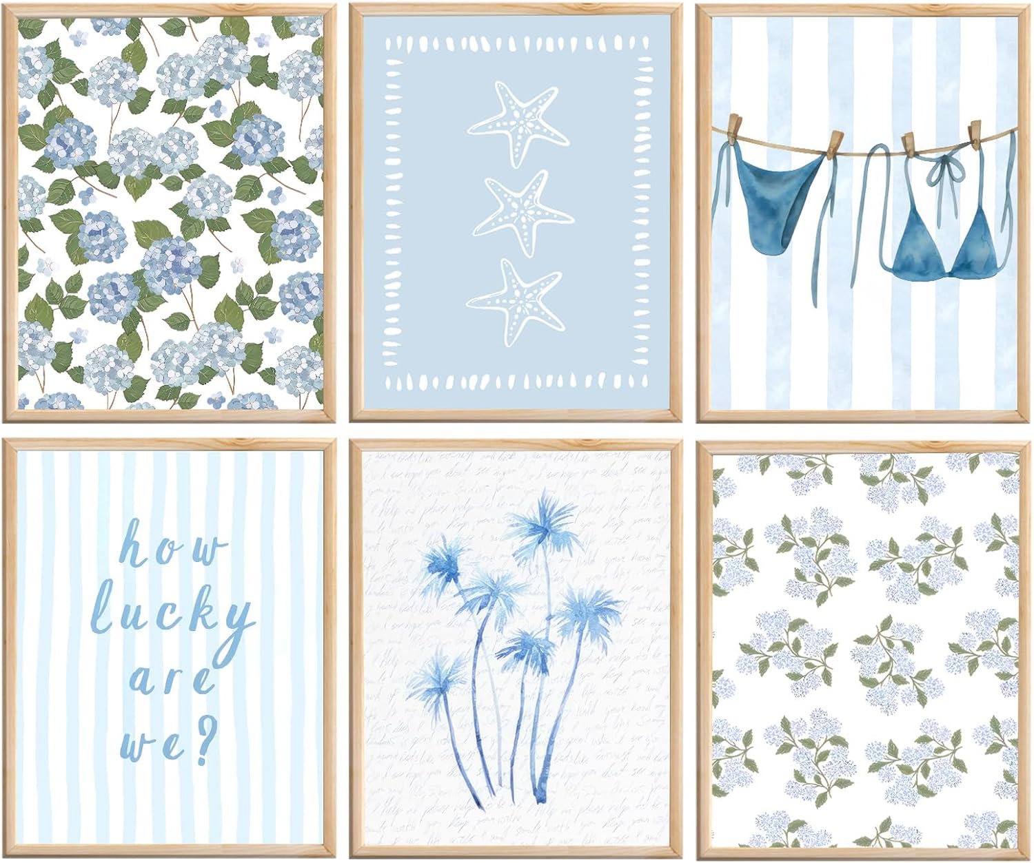 6 Pcs Blue Hydrangea Bow Canvas Wall Art How Lucky Are We Poster Prints Trendy Striped Coquette Paintings Pictures Sage Green Coastal Preppy Aesthetic Wall Decor for Girl Room Bedroom Living Room Office Dorm Apartment 8x10 Inch(Stretched Canvas On A Wooden Frame)