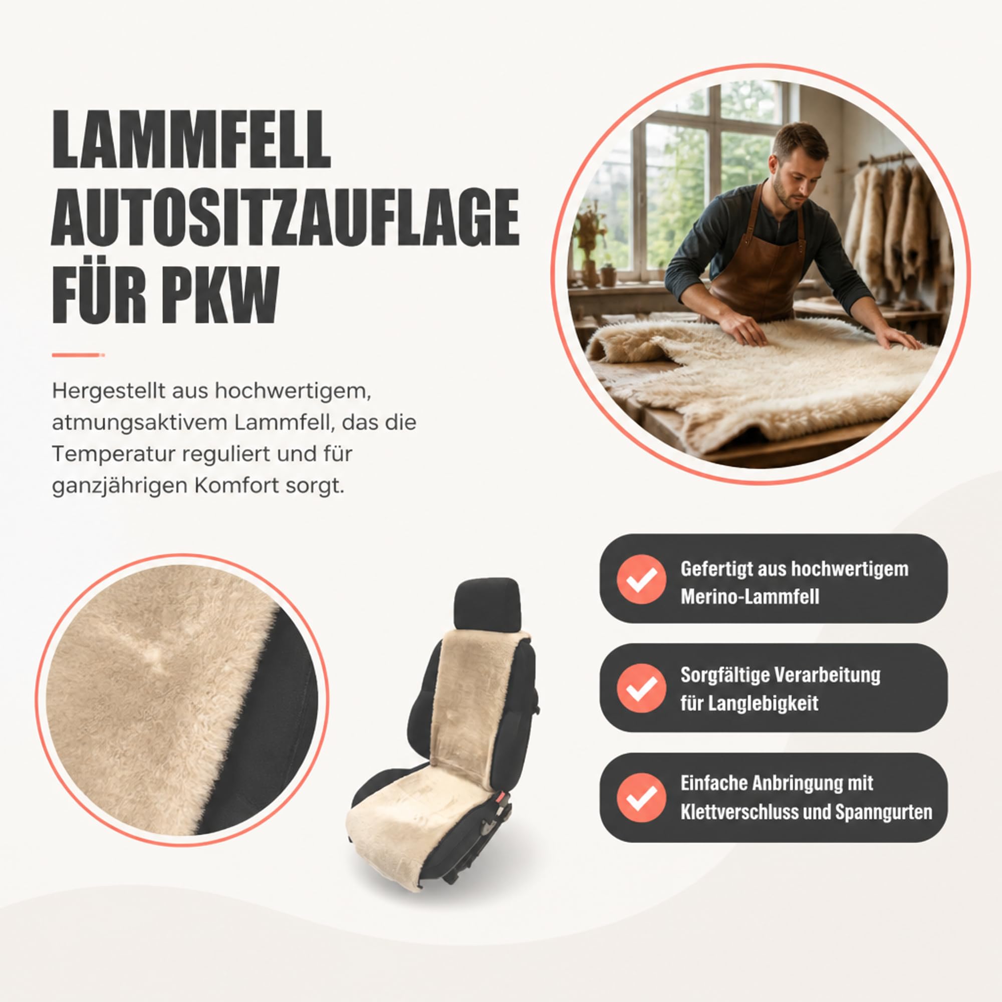 Lammfell Autositzauflage für PKW – Atmungsaktiv für Sommer und Winter – 36 x 135 cm, Universelle Passform (Beige)