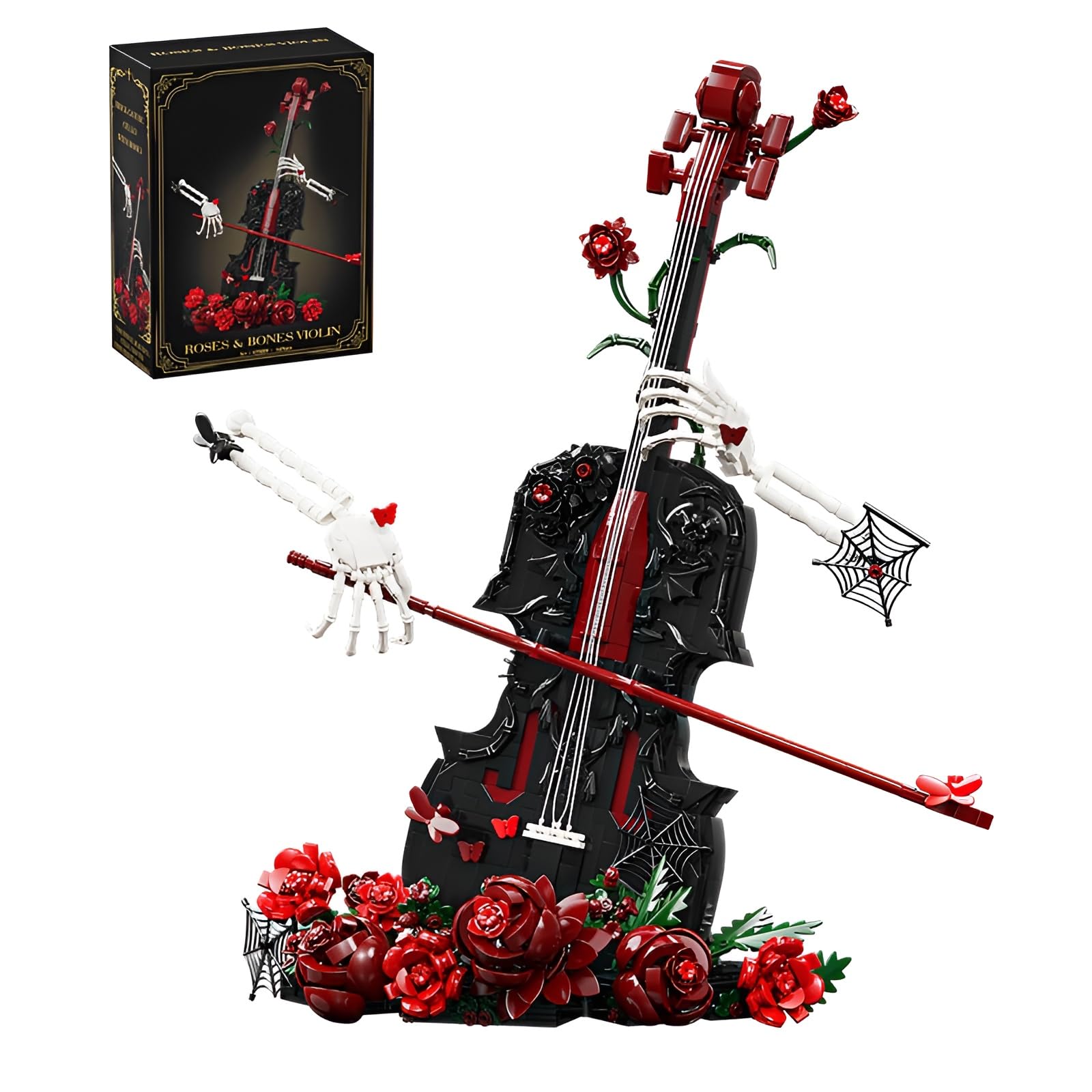 QuirkQuest Gothic Rosen Geigen Bauklötze Set, 1429 Teile Musikinstrument Modell mit Sammlbares Skelett Händen & roten Rosen, Dekoratives Baukasten Display für Erwachsene & Teenager