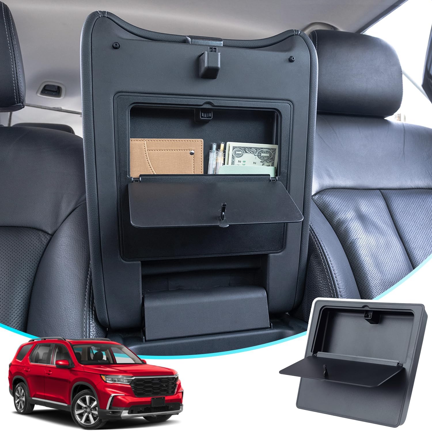 PIMCAR Center Console Hidden Organizer for 2023-2025 Honda Pilot, 2024-2026 Honda Ridgeline/Passport Armrest Hidden Storage Box Secret Compartment Press to Open and Close Car Accessories