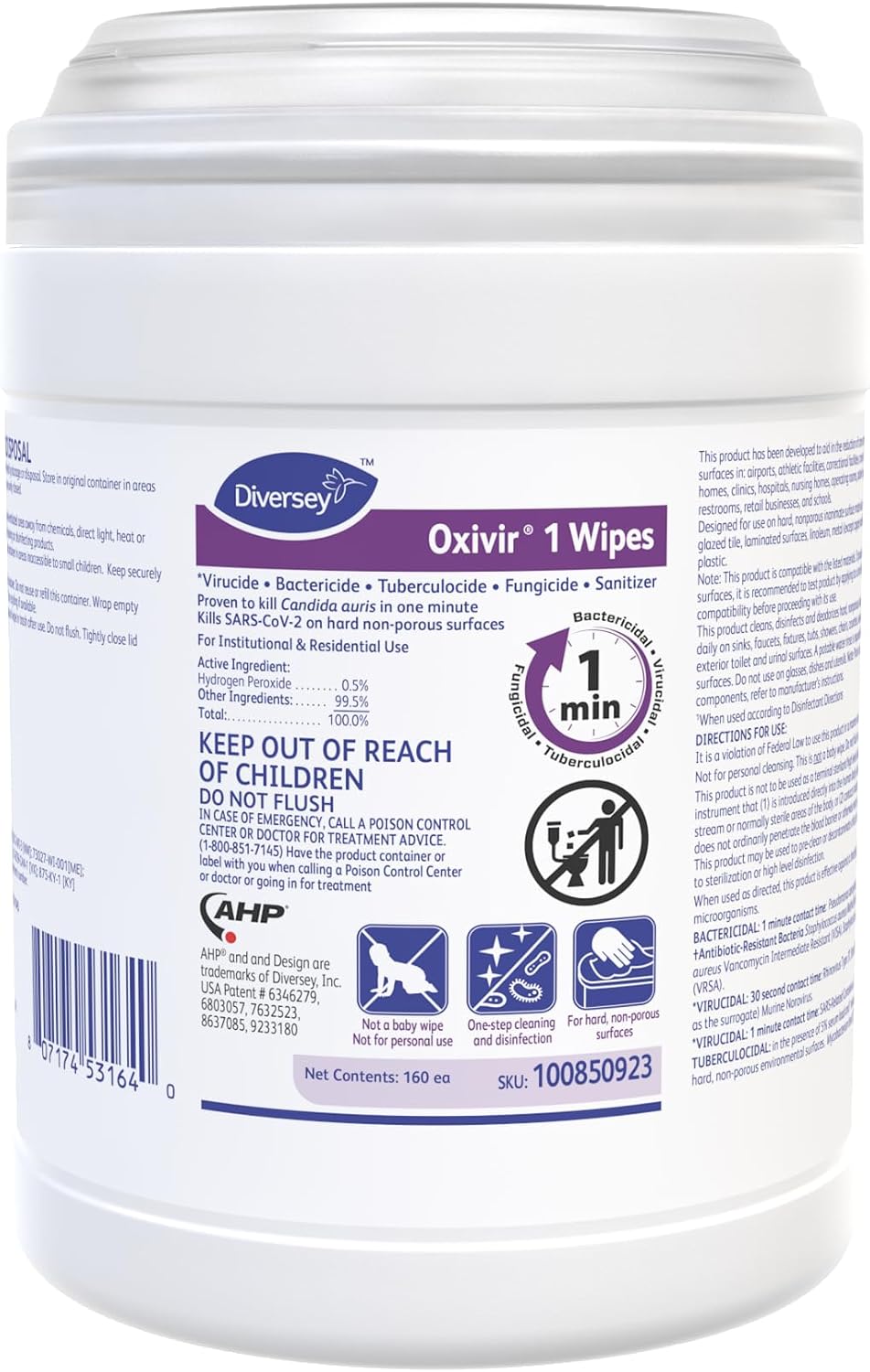 Oxivir Diversey 1 Disinfectant Peroxide Wipes, Standard, 160 Wipes