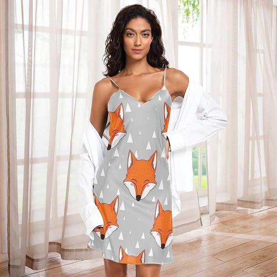 cute slip dress Cute Animal Fox Gray Satin Slip Dress, Adjustable Liberia