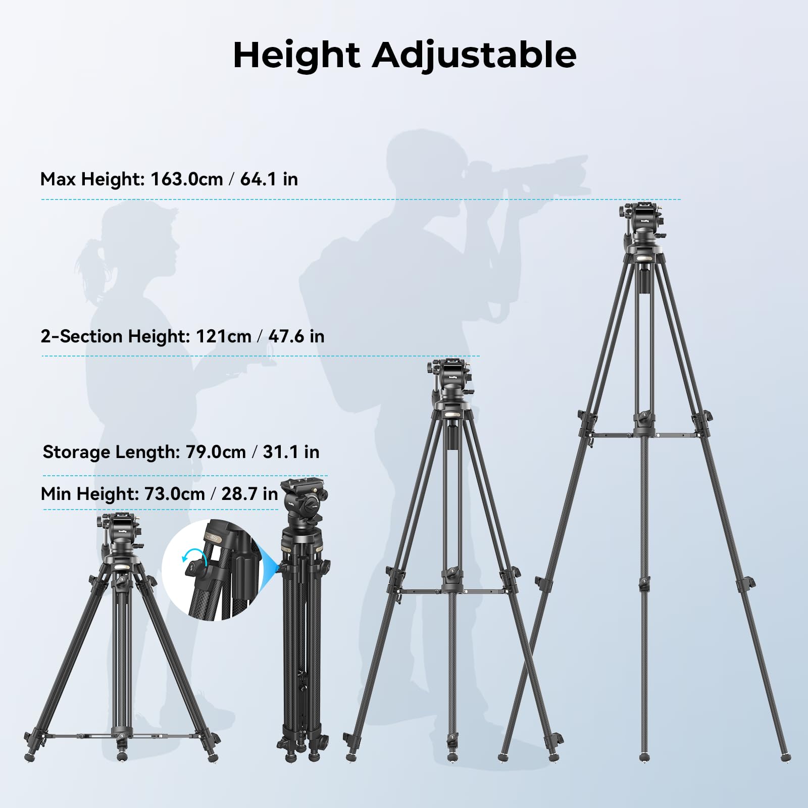 SMALLRIG AD-50 Trípode Vídeo Ligero de Fibra de Carbono con Cabezal Fluido de Amortiguación Continua, Trípode de 64'' con Mango Desmontable, Placa de Liberación Rápida, Carga de hasta 13.2 LB - 4685
