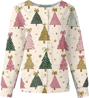Women Christmas Scrubs Jacket Long Sleeve Snap Front Nurse Workwear Uniforms Xmas Printed Medical Shirt