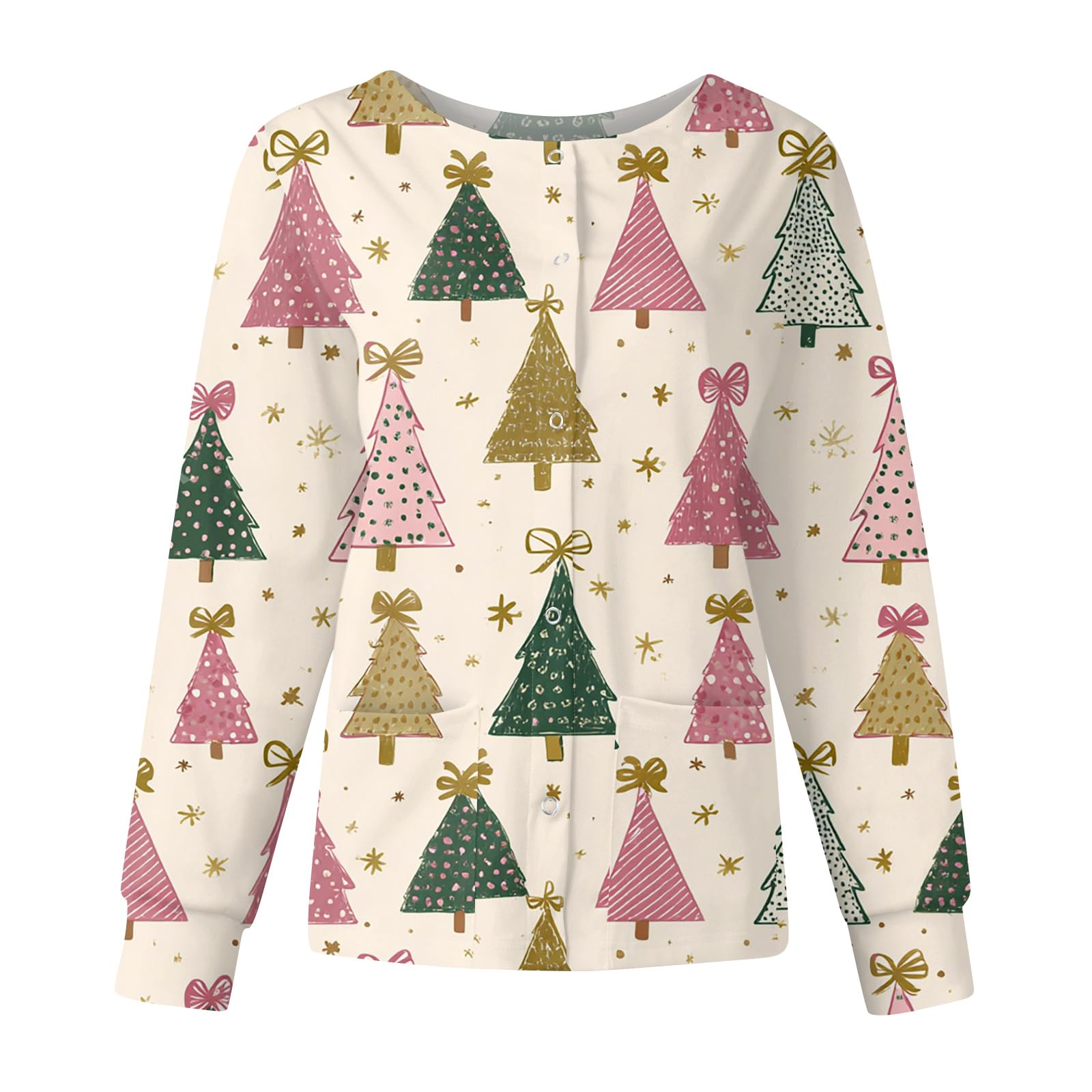 Women Christmas Scrubs Jacket Long Sleeve Snap Front Nurse Workwear Uniforms Xmas Printed Medical Shirt