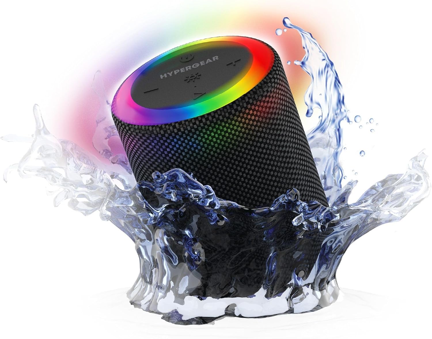 HyperGear Halo speaker splashing in water, demonstrating its IPX6 waterproof capability.