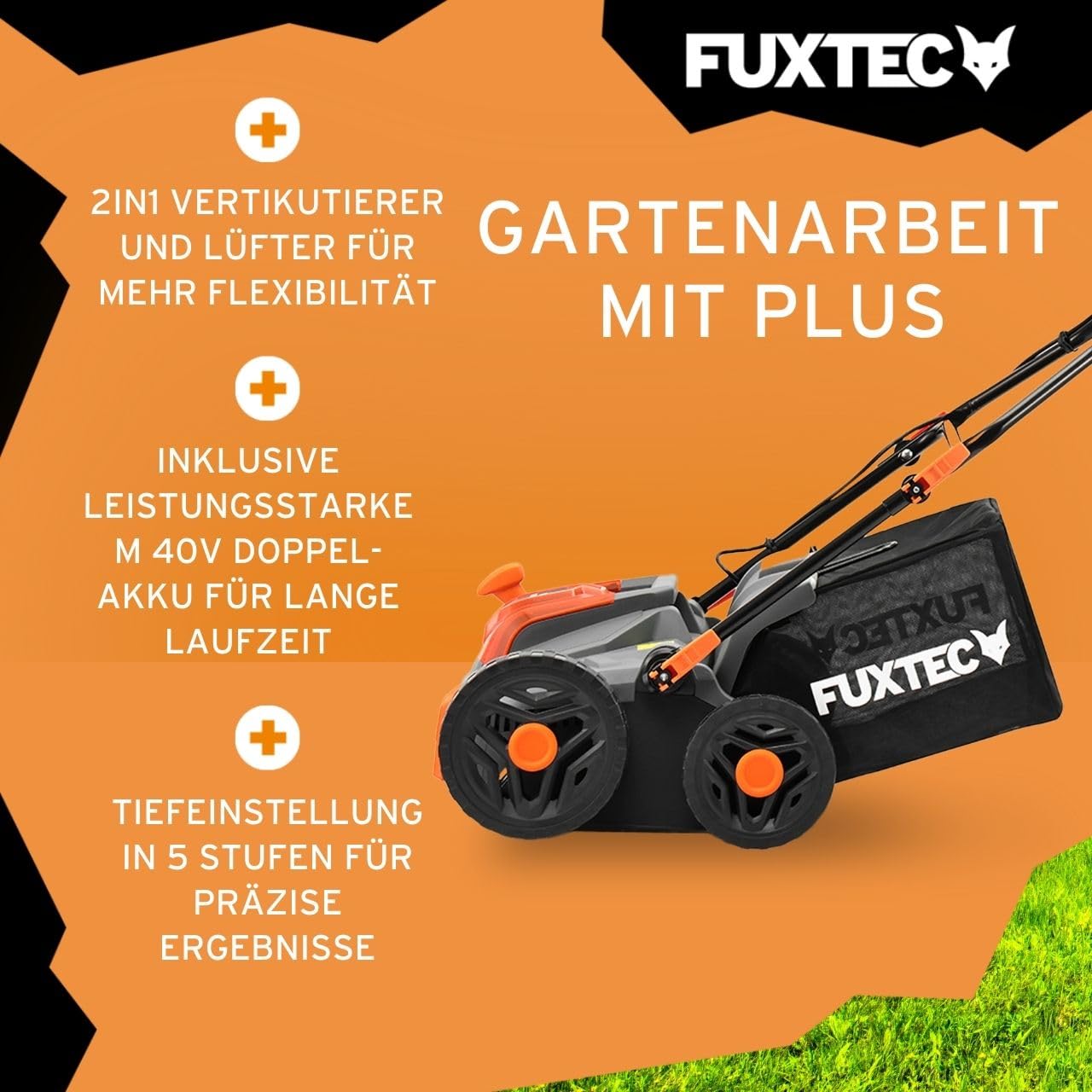 FUXTEC 40V Akku-Vertikutierer FX-E2VE38SET inkl. Akku+ Ladegerät, 2-in-1 Vertikutieren & Belüften, 38 cm Arbeitsbreite, einstellbare Arbeitstiefe bis 12 mm, 45L Fangkorb, leistungsstark & kabellos