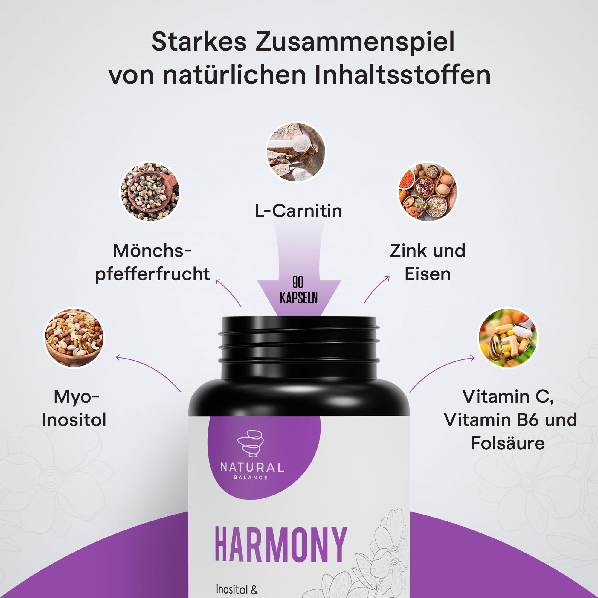 HARMONY - Mönchspfeffer & Myo Inositol hochdosiert für Frauen Balance - 90 vegane Kapseln mit Vitex Agnus Castus, L-Carnitin, Folsäure & Eisen für hormonelle Balance & Wohlbefinden