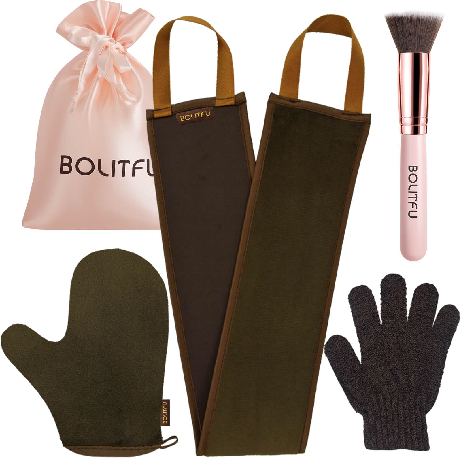 BOLITFU4 Pack Self Tanning Mitt Applicator Kit, with Self Tan Back Applicator, Self Tanning Glove, Exfoliating Glove, Flat Top Self Face Tanner Brush, for Self Sunless Tan Fake Bake Tan (Brown)