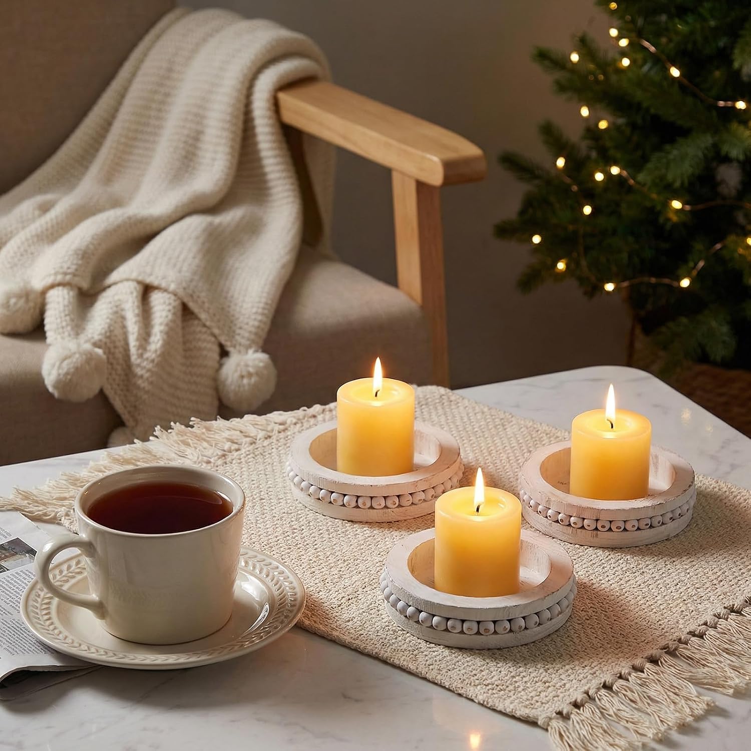 Candle Holder for Pillar Candles Set of 3 Farmhouse Wood Candle Holders Rustic Wooden Candle-Stand Decorative Wood Candlestick Holdersfor Living Room, Table Centerpiece Dining Fireplace(White)