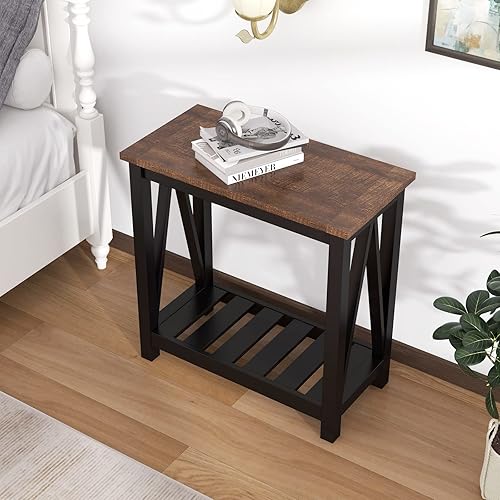 Miniatura 5 de ChooChoo Mesa auxiliar de granja, mesa auxiliar rústica vintage estrecha con estante de almacenamiento para espacios pequeños, mesita de noche para
