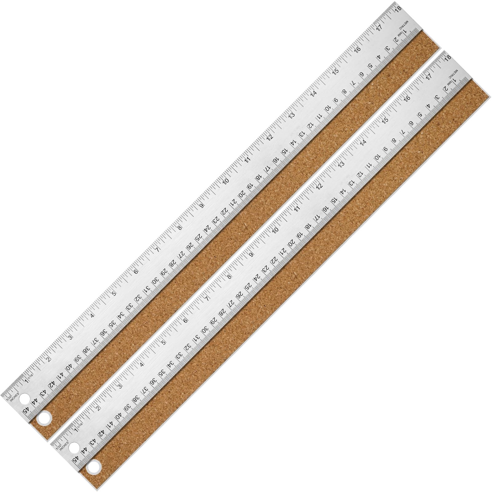 Righello in metallo con retro in sughero, 45,7 cm, righello in metallo da 45,7 cm, confezione da 2, imperiale e metrico, antiscivolo, previene perdite di inchiostro, per strumenti di ingegneria