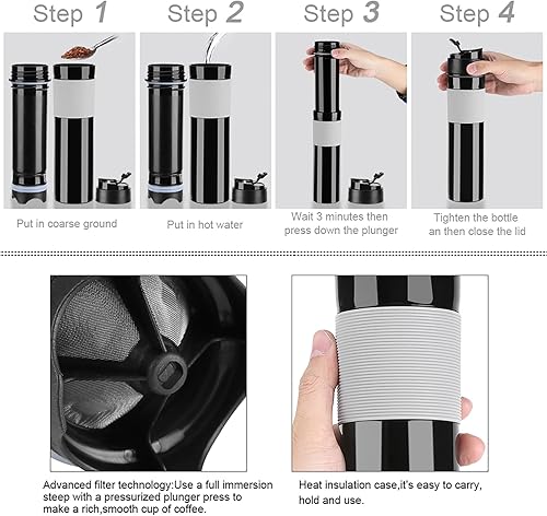 Miniatura 6 de Acouto Viaje prensa francesa 11.8 fl oz botella portátil té cafetera agua potable taza taza taza para viajar acampar al aire libre rojo