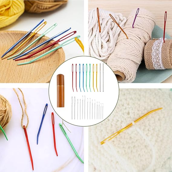 24pcs Large Eye Sewing Needles Kit, Stainless Steel Blunt Darning Needles & Bent Tapestry Needles & Sharp Hand Knitting Needles with Wooden Case,Perfect for Crochet/Darning/Yarn/Embroidery Projects