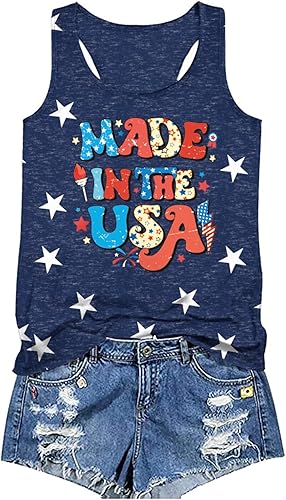 Binshre USA Flag Print Tank Tops Women American Stars Stripes Patriotic T Shirt Summer Casual Vest Tees