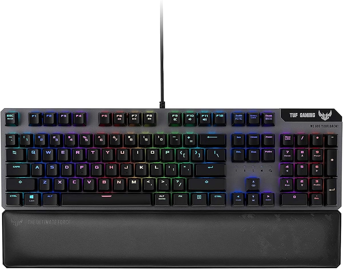Teclado para juegos compacto óptico-mecánico ASUS - Teclado para juegos para PC RA03 Tuf K7, interruptores táctiles, 25 VECES más rápido, reposamuñecas magnético, estándar a prueba de agua IP56