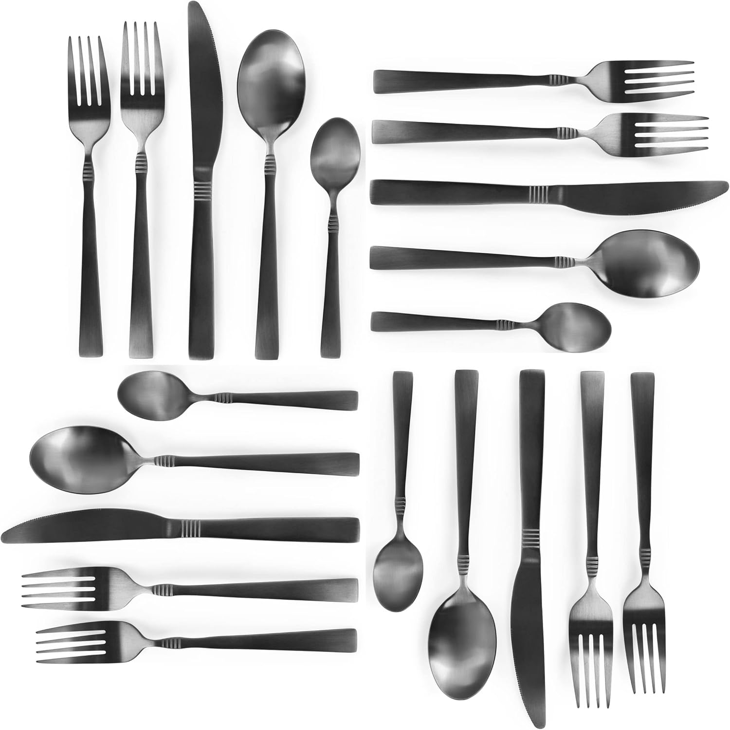 MegaChef Cravat 20 Piece Flatware Utensil Set, Stainless Steel Silverware Metal Service for 4 in Matte Black