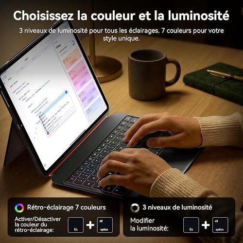 WIWU Coque Clavier iPad Pro 11 Pouces M4/M5 2024/2025,Étui Magnétique 3 en 1 Détachable Clavier Bluetooth avec Support Réglable 7 Couleurs Rétroéclairées (Noir, iPad Pro 11" M4/M5 2024/2025) - 7