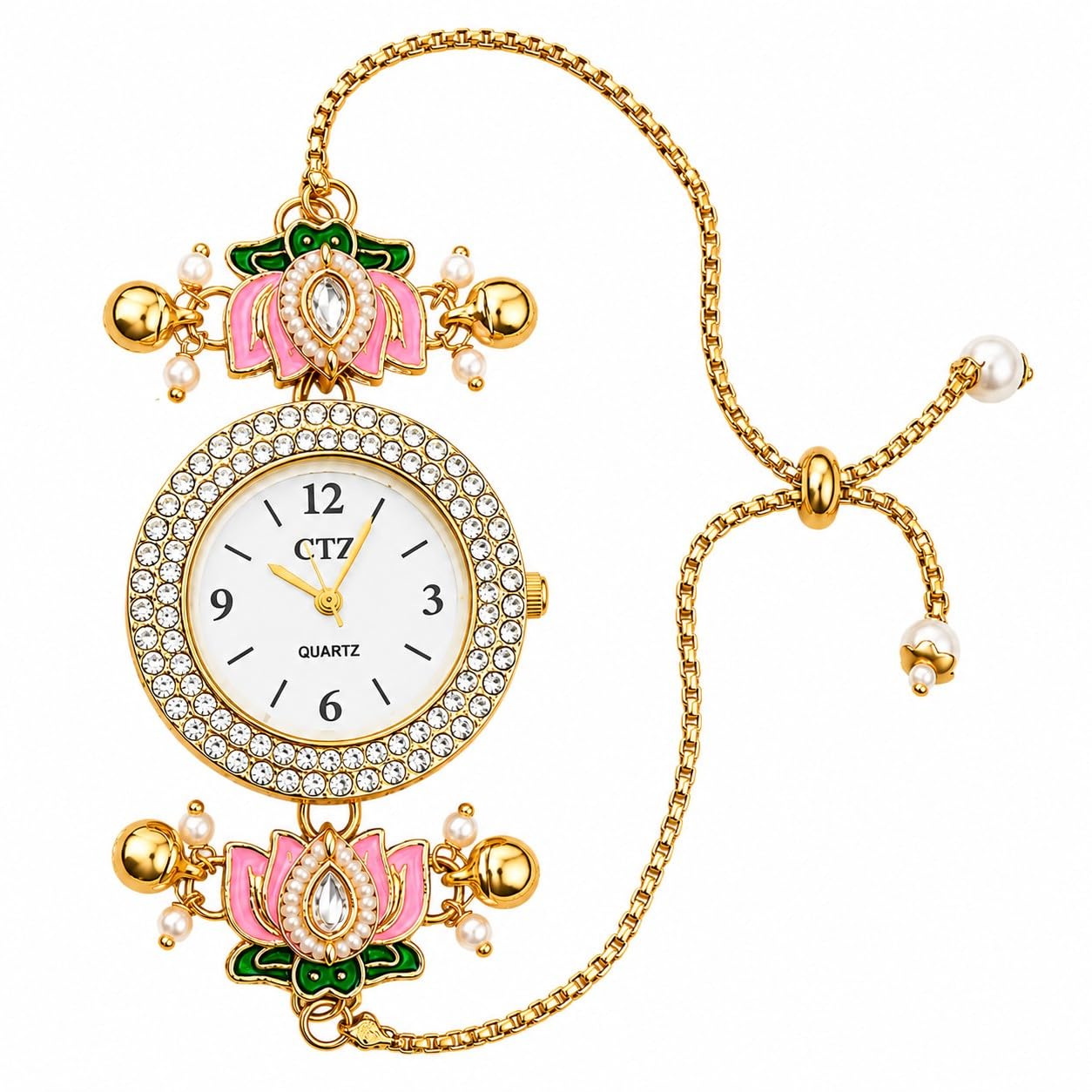 Kashmiri Watch for Women | Gold Plated Bracelet Analog Watch with Lotus Meenakari Design, Kundan Stones, Pearl & Ghungroo Tassels | Ethnic Jewellery Wrist Watch for Women & Girls | Wedding & Festive Wea-image-13