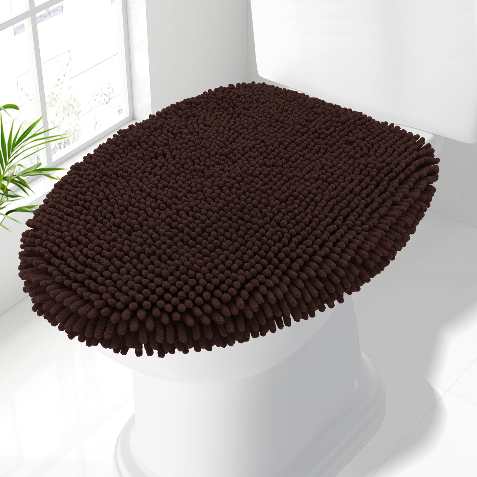 Smiry Soft Chenille Bathroom Toilet Lid Cover 17.5x15, Brown