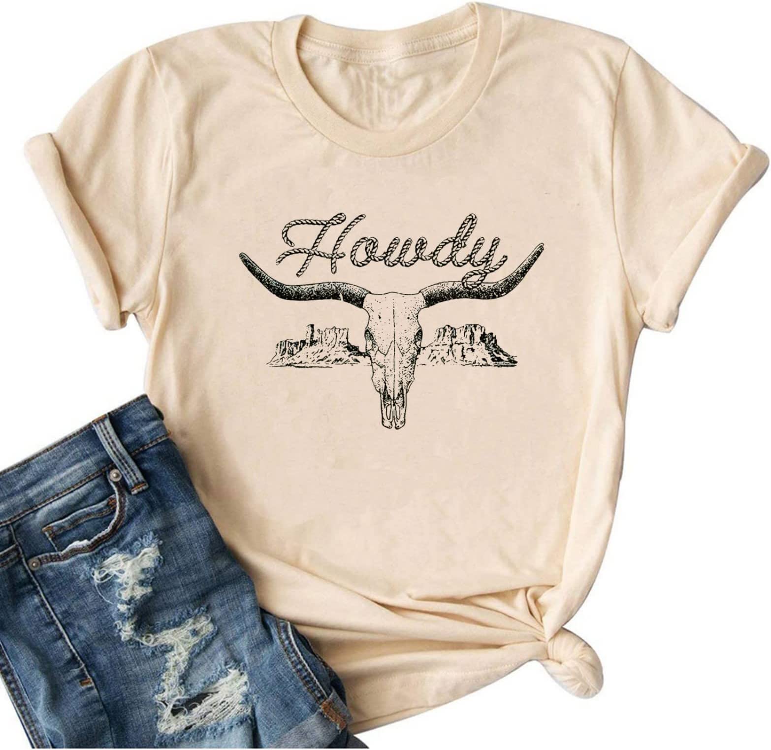 YIUIEREHowdy Shirt Women Cowgirl Shirts Vintage Rodeo Western Shirt Country  Music Graphic T-Shirt Summer Short Sleeve Tops