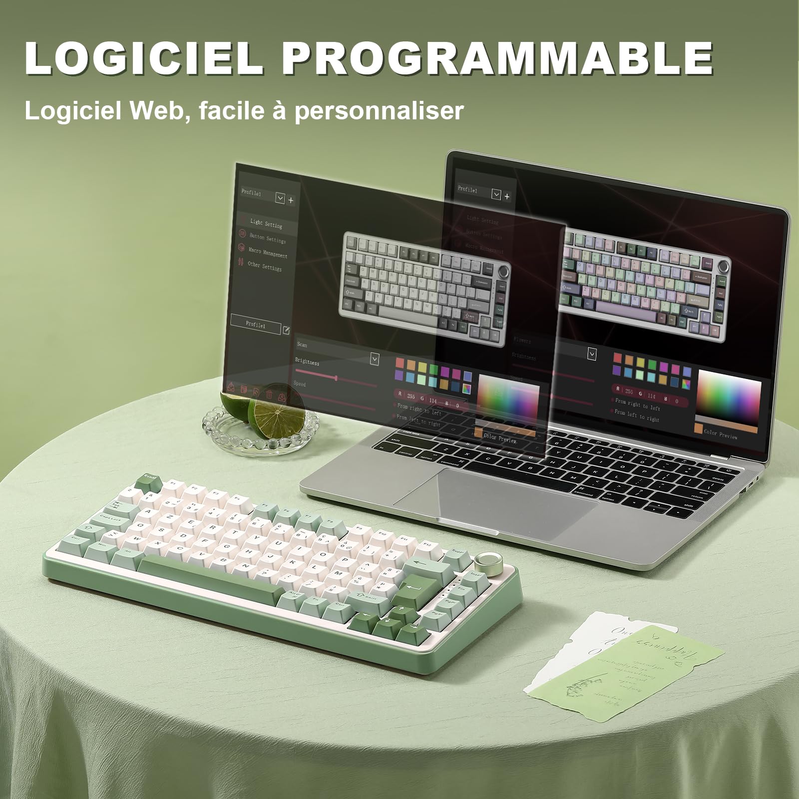 YUNZII B75 PRO Teclado mecánico inalámbrico para juegos, diseño AZERTY, formato 75%, Bluetooth 5.0/2.4GHz/USB-C, RGB, conmutadores intercambiables en caliente, estructura gasket (Matcha Green, Milk | francés. Disposición 75%, Bluetooth 5.0/2,4/USB-C con c