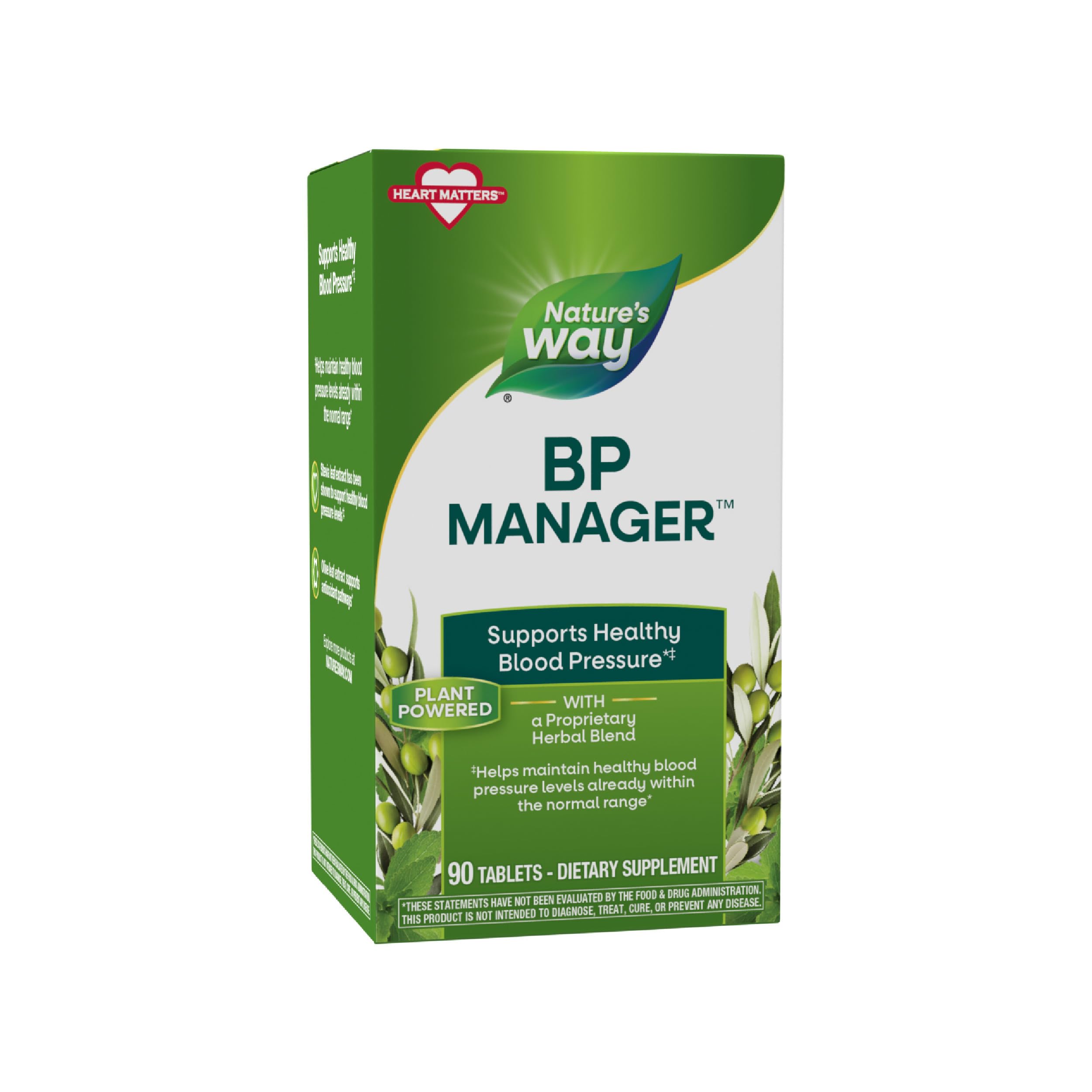 BP Manager, Supports Healthy Blood Pressure(1) & Heart Health*, with Stevia, Hawthorn, & Olive Leaf Extracts, 90 Tablets (Packaging May Vary)