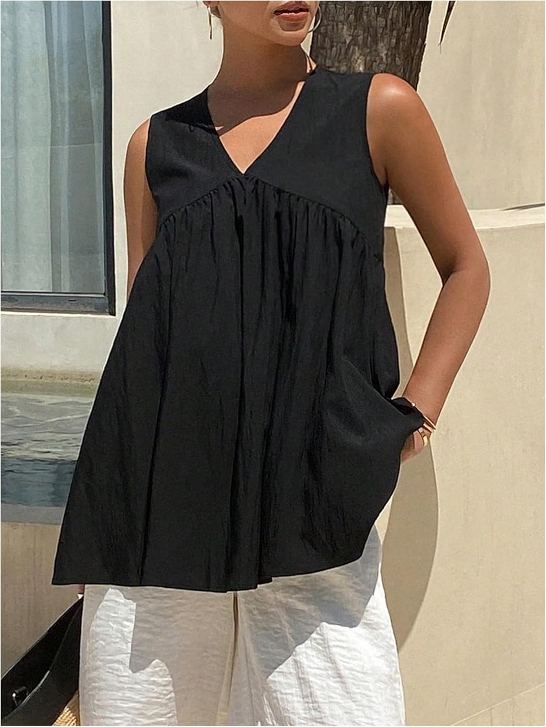 SweatyRocks Women's Summer Ruffle Tank Tops Sleeveless V Neck Loose Flowy Tunic Shirts - Image 4