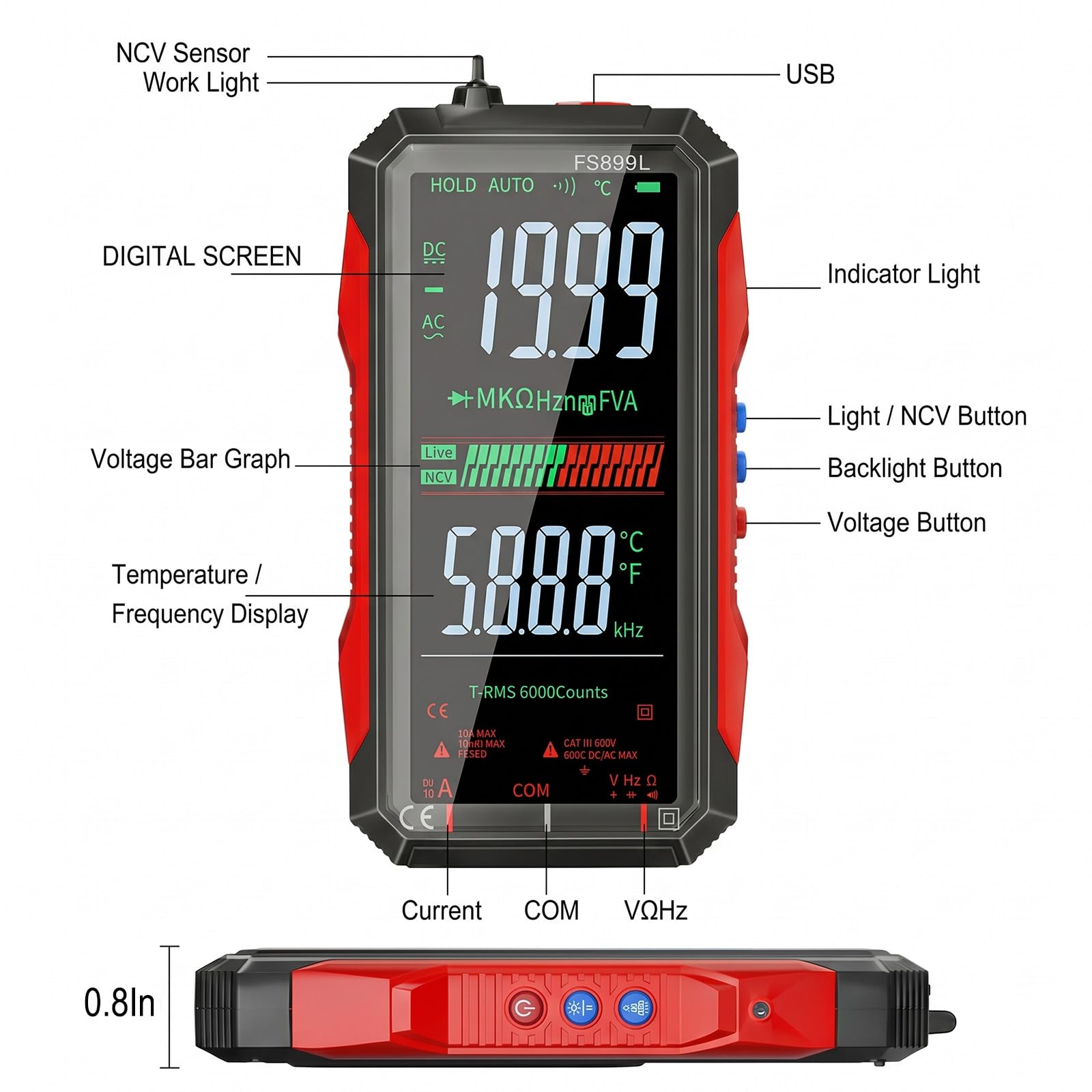 Rechargeable Digital Multimeter 6000 Counts True RMS Smart Tester with 5-Inch Screen, Auto-Range, NCV Detection, Capacitance & Temperature for Home Automotive Industrial Electrical Repairs (Red) — Amazon image 7